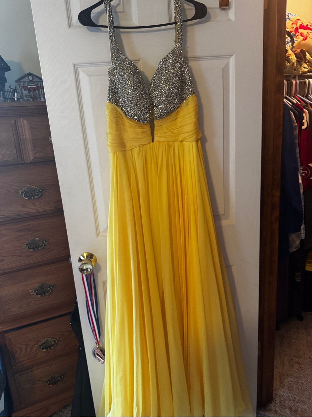 Yellow Beaded Bodice Evening Dress
